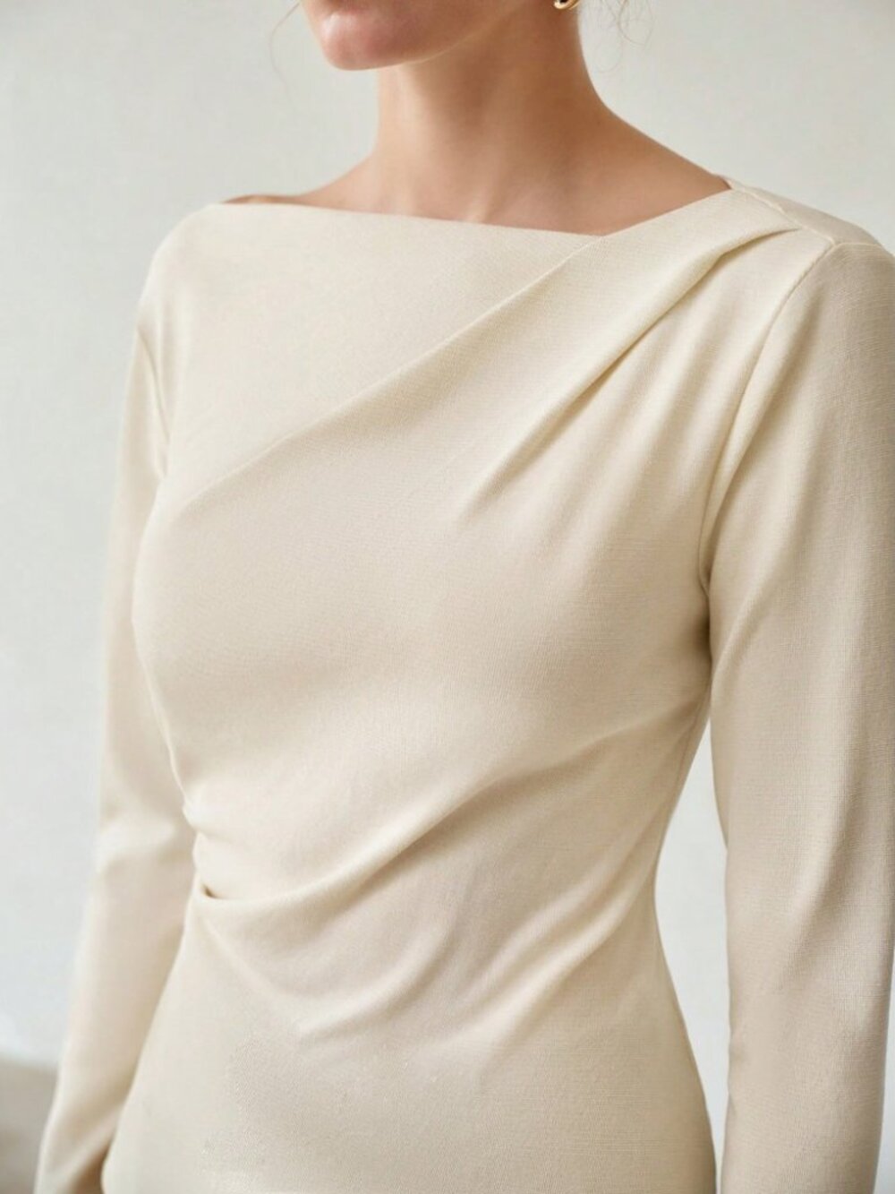 Cream Asymmetric Boat Neck Draped Long Sleeve Slim Fit Tee Top